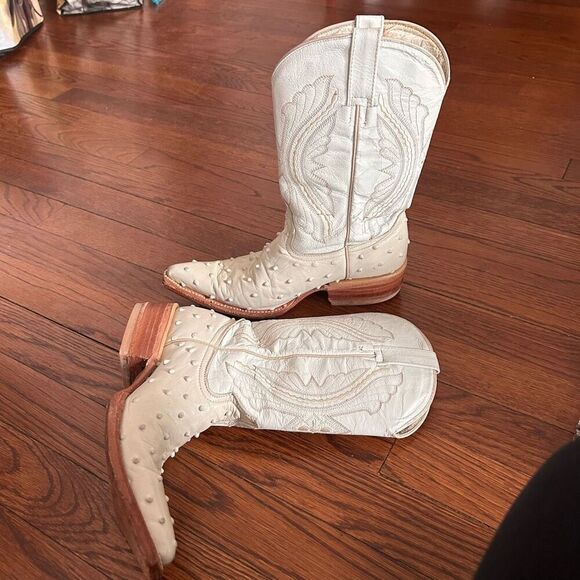 Girls Cowgirl Boots & Belt Set Leather White Ostrich Print Handmade in Mexico - Picture 8 of 16